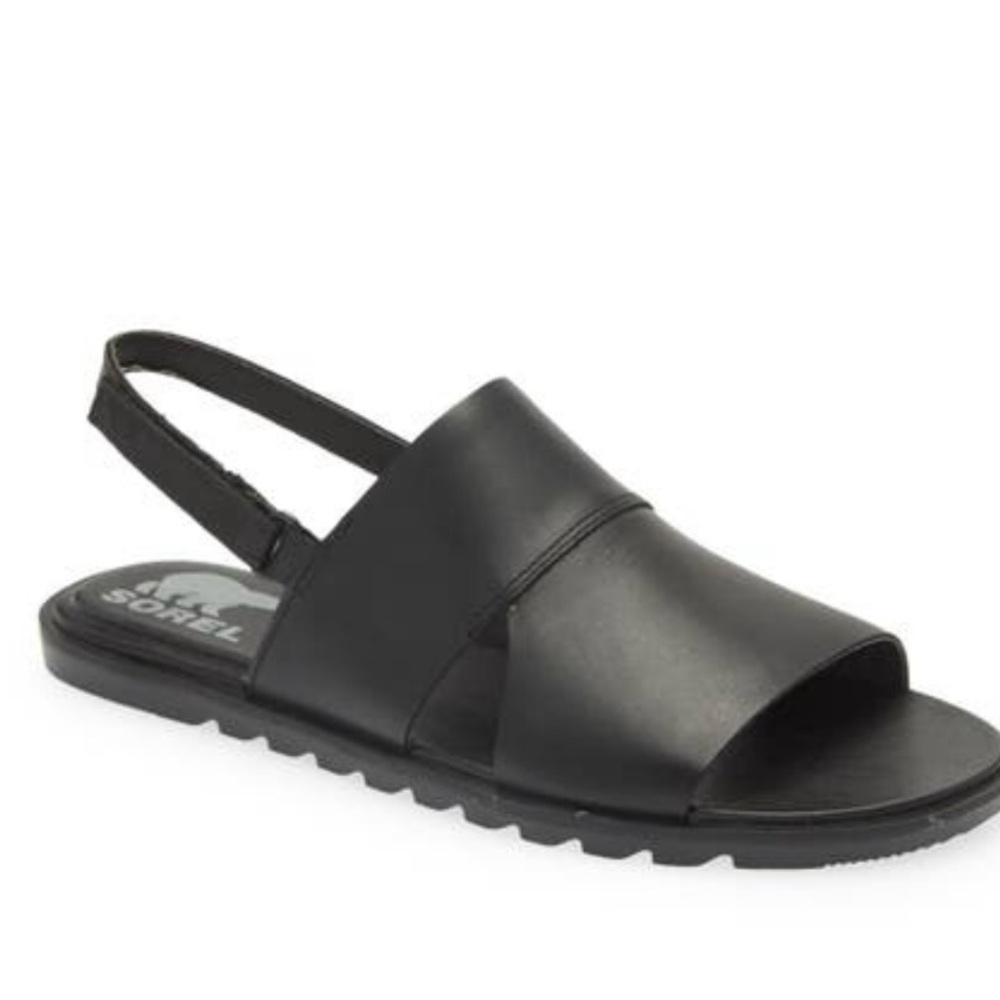 NWB: Sorel Black Ella ll Adjustable 8.5 Slingback Black Open-Toe Leather Sandals